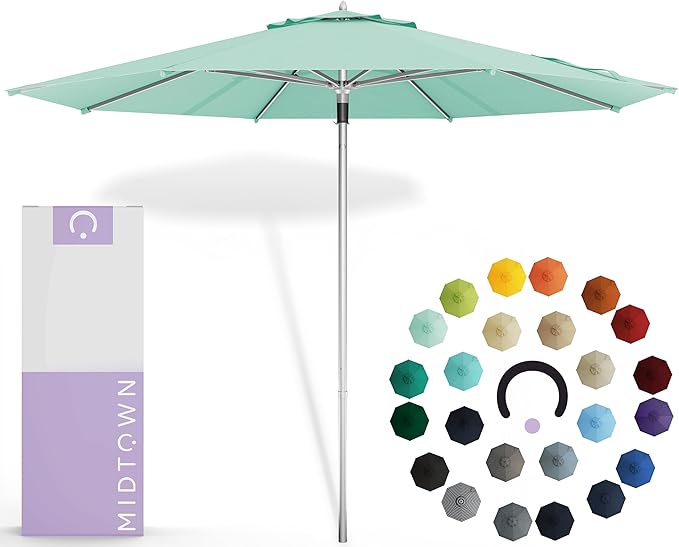 Midtown Umbrellas Push Pop Sunbrella Umbrella 9 Feet Outdoor Umbrella in Canvas Glacier - Patio Umbrella, Backyard Umbrella, Garden Umbrella, Picnic Table Umbrella & Pool Umbrella - Black Pole