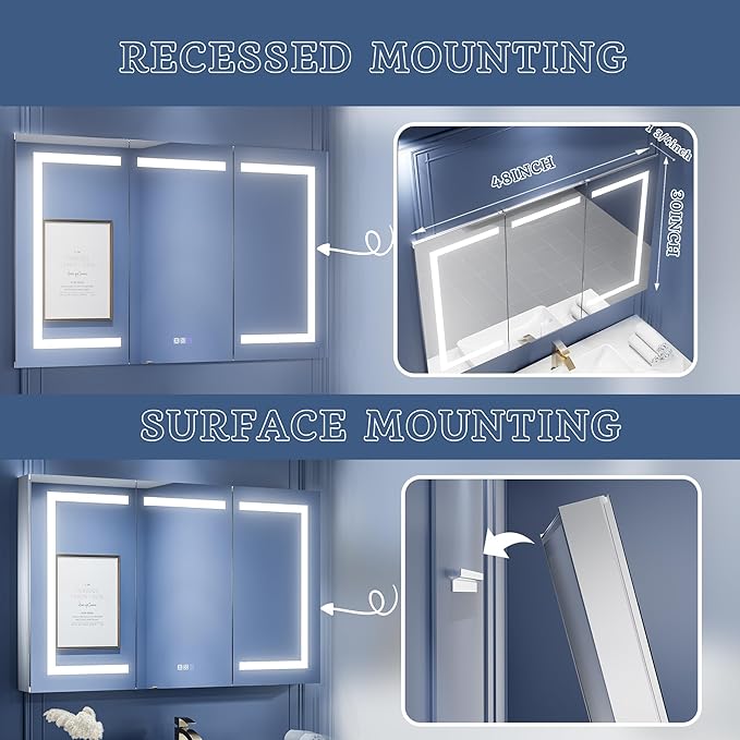 ExBrite LED Lighted Bathroom Medicine Cabinet with Mirror, 48 x 30 Inch, Recessed or Surface Mount, Anti-Fog, Stepless Dimming, Color Temperature Change, Built-in 6000K Sensor Light, Storage Shelves