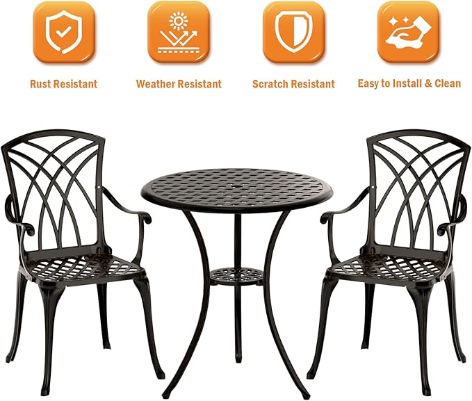 Patio Bistro Set 3 Piece, Cast Aluminum Bistro Set for 2 w/Umbrella Hole, Outdoor Table and Chairs Set of 2, Bistro Set for Balcony/Backyard/Garden, Black