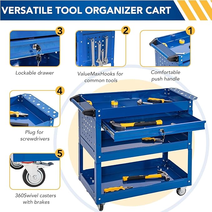SUN & SUMMER 3-Tier Rolling Tool Cart with Wheels, Rolling Tool Chest 330 LBS Capacity Heavy Duty Utility Industrial Service Cart with Locking System Drawer for Garage, Warehouse, Repair Shop (Blue)