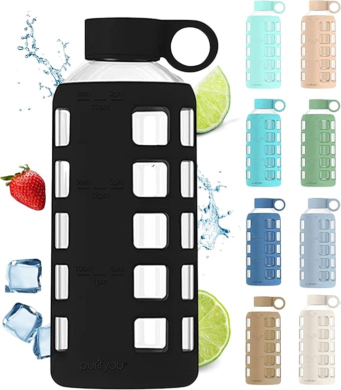 purifyou Premium 40/32 / 22/12 oz Glass Water Bottles with Volume & Times to Drink, Silicone Sleeve & Stainless Steel Lid Insert, Reusable Bottle for Fridge Water, Milk, Juice (22oz Jet Black)