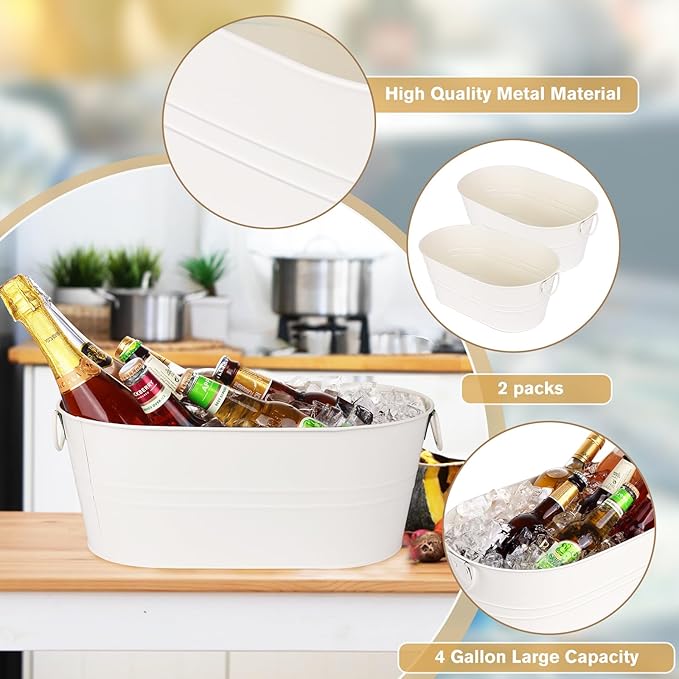 Galvanized Tub Beverage Tubs, 3pcs Metal Ice Buckets for Cocktail Bar 3 Gallon Wine Beer Drink Buckets with Handles Large Tin Tub Cooler Mimosa Bar Supplies Ice Bucket (White)