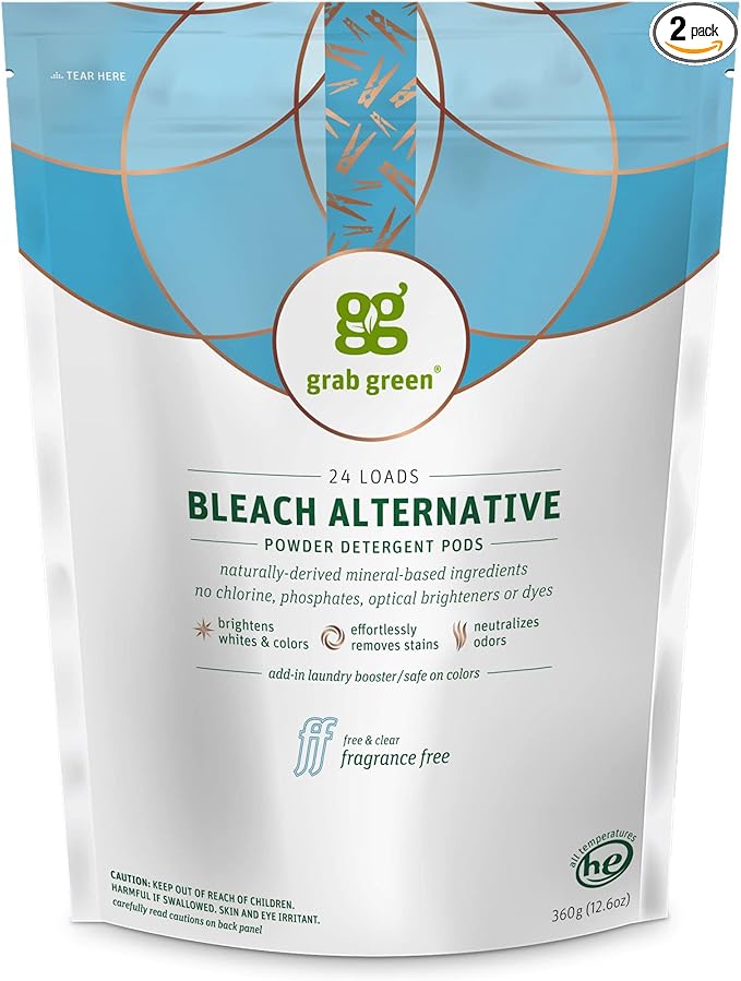 Grab Green Bleach Alternative Pods, 24 Count, Chlorine Free, Fragrance Free, Plant and Mineral Based, Laundry Booster to Brighten Whites, Removes Stains, Neutralizes Odors