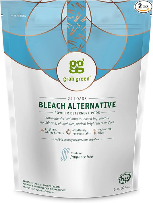 Grab Green Bleach Alternative Pods, 24 Count, Chlorine Free, Fragrance Free, Plant and Mineral Based, Laundry Booster to Brighten Whites, Removes Stains, Neutralizes Odors
