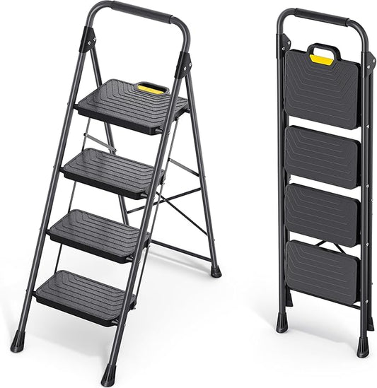 KINGRACK 4 Step Ladder, Sturdy Steel Step Stool with Anti-Slip Wide Pedals, Handrail, Safe-Lock Design, Pass 800lbs Load Testing, Folding Portable Ladder for Multi-Purpose, Home, Kitchen, Black