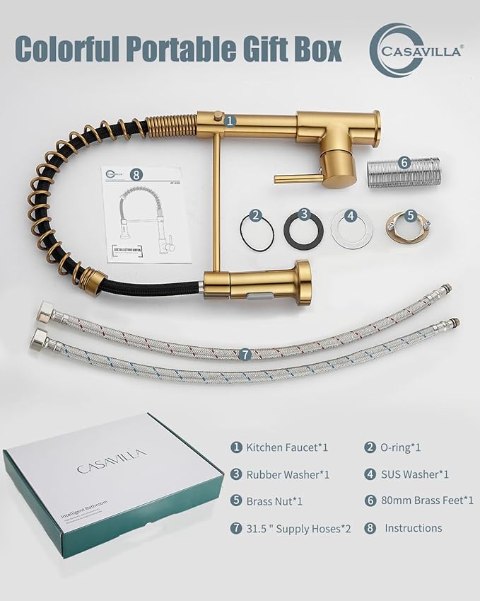 Kitchen Faucet, KF-GB-5001, Brushed Gold, Solid Brass, Single Handle, RV Sink Faucet with Pull Down Sprayer