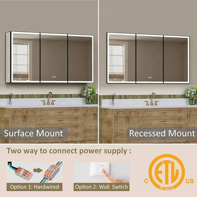 60x32 Inch Medicine Cabinet with Lights, Aluminum Frame, LED Lighted, Anti-Fog, Adjustable Shelves, Dimmable Lighting, Outlets & USB, Recessed or Surface Mount, ETL Listed, Black Rim