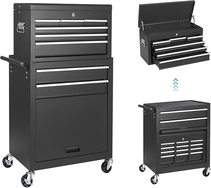 Tool Chest 8 Drawers Garage Storage Cabinet 2 in 1 Steel Frame Tool Chest with Wheels, Liner, Detachable Top, Lockable Wheels and Side Hooks for Garage, Black