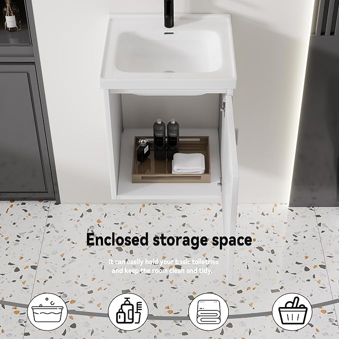 16'' Bathroom Vanity with Ceramic Sink Combo, Wall Mounted Small Bathroom Vanity with Soft-Close Door Modern Floating Cabinet, Pop-up Drain, P-Trap Included, White(No Faucet)