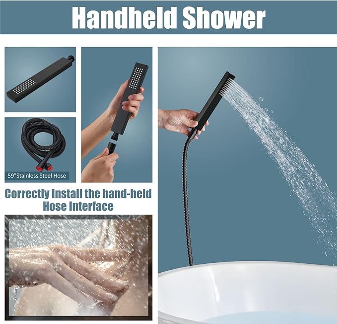 Aolemi Matte Black Freestanding Tub Filler Bathtub Faucet Floor Mounted Bathroom Waterfall Tap Brass Swivel Spout Single Handle with Handheld Shower