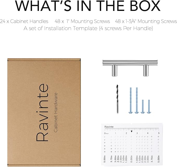 Ravinte 24 Pack | 4" Cabinet Pulls Brushed Nickel Stainless Steel Kitchen Cupboard Drawer Pulls Cabinet Handles 4 Inch Length，2-1/2 Inch Hole Center with Mounting