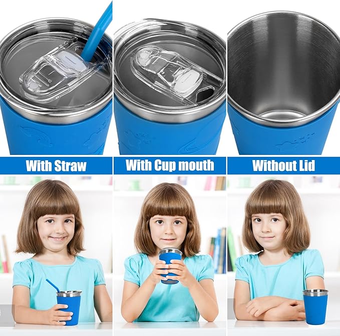 Kids Cups with Rainbow Silicone Sleeves, 12oz Stainless Steel Cups with Lids and Straws, 304 Stainless Steel Travel Tumbler, Spill Proof Toddler Cups for Cold Drinks & Hot Drinks, 6 Pack