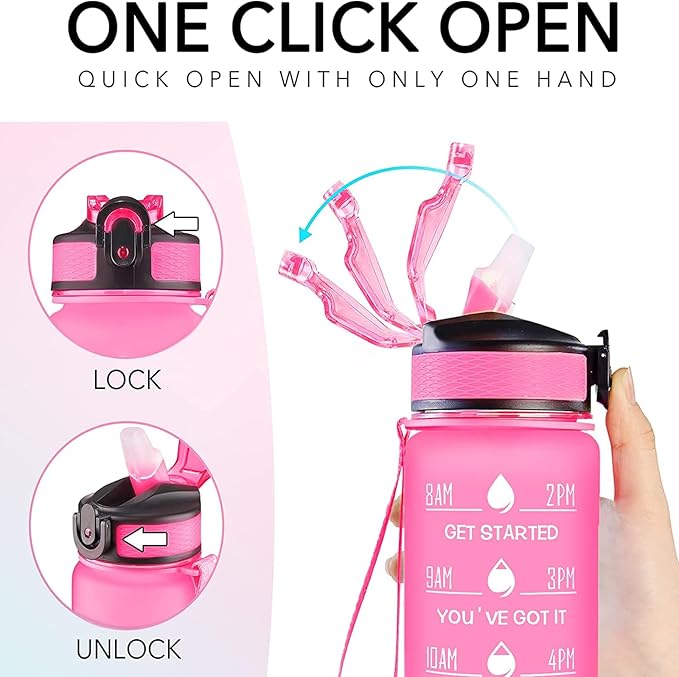 Gigi 32 oz Water Bottle with Times Marker to Drink and Straw, Carrying Strap, Leakproof Tritan BPA-Free, Ensure You Drink Enough Water for Fitness, Gym, Camping, Outdoor Sports