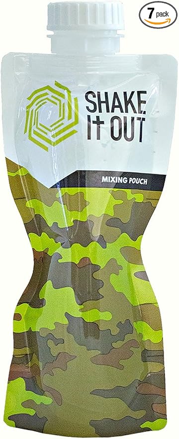 Shake It Out® is the on-the-go beverage container, better mixing, better tasting experience, disposable/recyclable. Compact, flexible design completely dissolves powder Supplements. (Camo, 7 Pack)