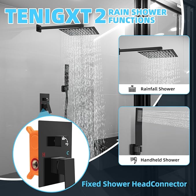 Bathroom Shower Faucet Set，12 Inch Rain Shower Head with Handheld Spray，Brass Shower Valve Trim Kit，Wall Mounted Square Rain Shower System (Matte black)