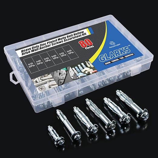 Glarks 80Pcs 6 Size Heavy Duty Zinc Plated Steel Molly Bolt Hollow Drive Wall Anchor Screws Assortment Kit for Drywall, Plaster and Tile