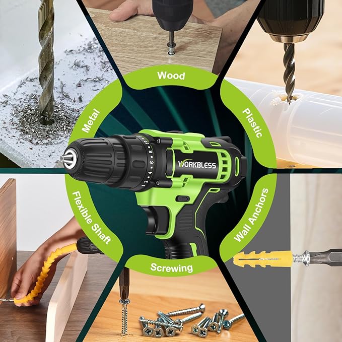 WORKBLESS 21V Power Drill Set, Cordless Drill with 2 Batteries and Charger, 3/8'' Keyless Chuck, Variable Speed, 18+1 Torque Setting and 28pcs Bits Tool Set(Green)