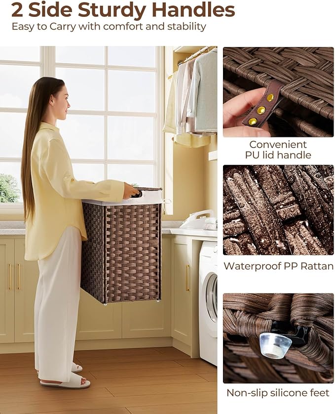 Greenstell Laundry Hamper with lid, No Install Needed, 130L Wicker Laundry Baskets Foldable 2 Removable Liner Bags, 2 Section Clothes Hamper Handwoven Rattan Laundry Basket with Handles, Brown