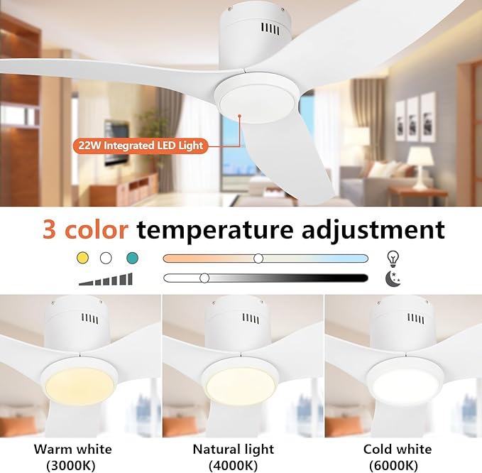 White Ceiling Fan with Light Remote 52in 6Speed Silent Reversible Motor 3CCT Dimmable LED Flush Mount Low Profile Fan Timer Memory Function Modern Plastic Blade Vacation Mode Indoor Outdoor