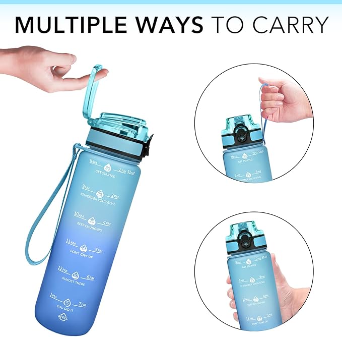 GOSWAG Water Bottles, 32 oz Motivational Sports Water Bottle with Straw and Time Marker to Remind You to Drink, Comes with Carry Strap, Leakproof