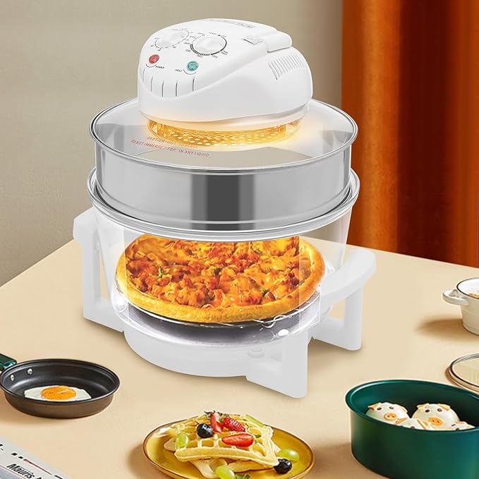 Glass Air Fryer,17L Convection Oven Roaster,360° Viewable Airy Fryer with Expansion Ring and 2 Grills,Halogen Oven Countertop,Air Circulation Cooker,French Fries Roaster Multifunction Cooker