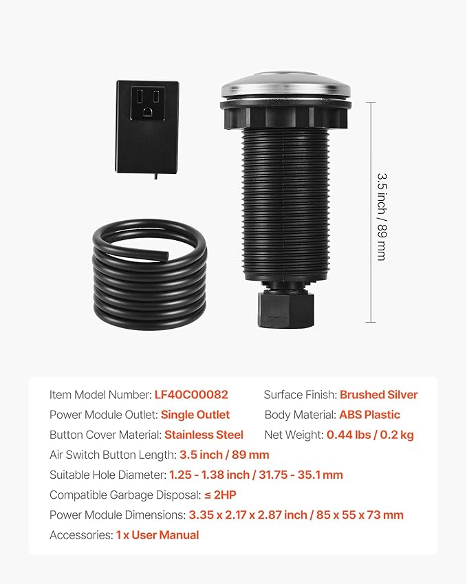 VEVOR Garbage Disposal Air Switch Kit, 3.5" Long Sink Top Air Switch for Food Waste Disposal, Brushed Silver Stainless Steel ON/OFF Air Push Button for Granite, Marble, and Quartz Countertops