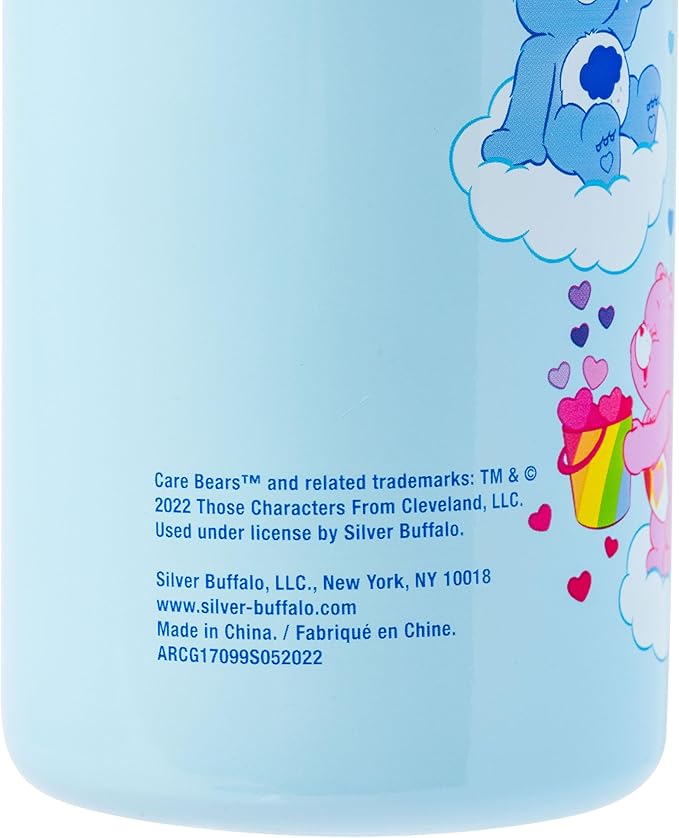 Silver Buffalo Care Bears Sun Shower Stainless Steel Blue Water Bottle with Strap, Features Cheer Bear, Funshine Bear, and Tenderheart Bear, 27 Ounces
