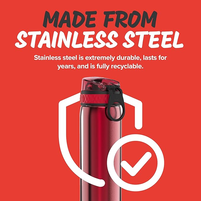 Ion8 Steel Water Bottle, 600 ml/20 oz, Leak Proof, Easy to Open, Secure Lock, Dishwasher Safe, Hygienic Flip Cover, Fits Cup Holders, Carry Handle, Durable, Carbon Neutral, Metallic Red