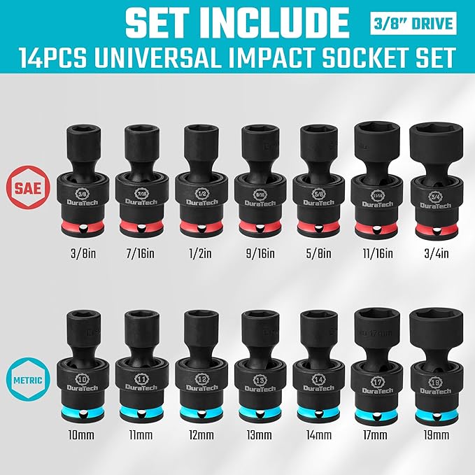 DURATECH 3/8" Drive Impact Swivel Socket Set, Shallow Universal Wobble, SAE & Metric With Flexible Joint, 14 Pieces, Cr-Mo Steel, 6 Points, Organized in Sturdy Storage Case