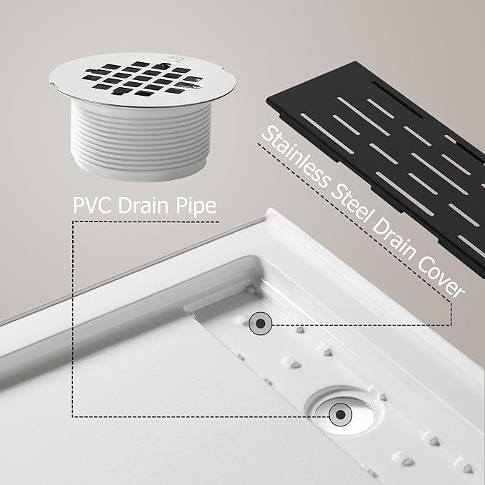 MORVANO 32 x 60 x 4 Shower Base with Single Threshold Rectangular Left Drain Location Shower Base in Glossy White, Acrylic Shower Pan with Black Stainess Steel Cover, Left Drain
