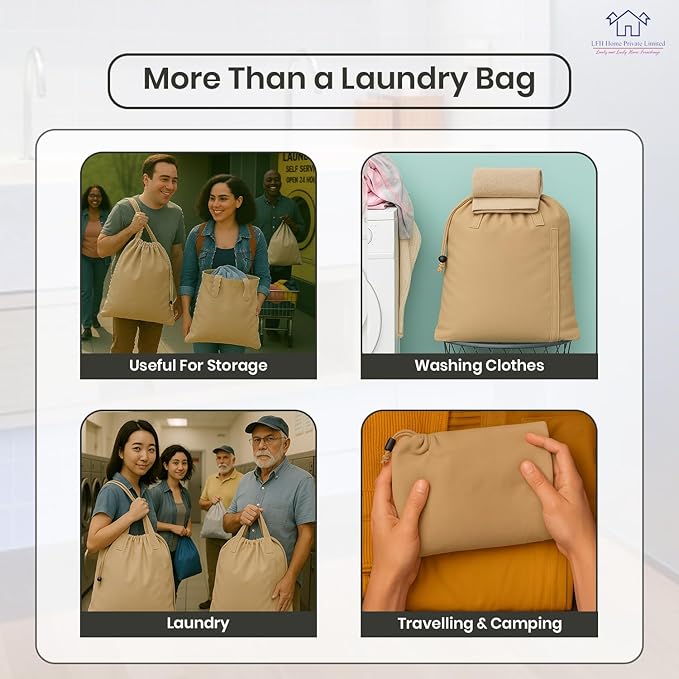 LFH Home Cotton Canvas Large Laundry Bag with Handle, Heavy Duty Drawstring Closure Washable Laundry Bags, School Travel, Home, Hotel, College Dorm, Organizer Sack, Toys Clothes 28x36-Beige
