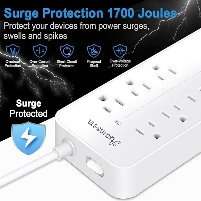 20FT Surge Protector Power Strip Extension Cord with USB C, Asamoom Flat Plug Power Strip with Long Cord, 8 Outlets and 3 USB-A & 1 USB-C Port,1700J for Wall Mount Desk White, ETL Listed