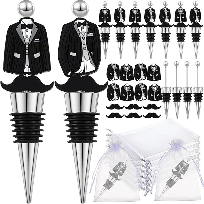 Wedding Beadable Wine Bottle Stopper Bulk Groomsmen Wine Stopper Stainless Steel Beer Corker with Silicone Beard Bead Sheer Bag Wedding Bridal Shower Favor for Guest Engagement Party(20 Set)