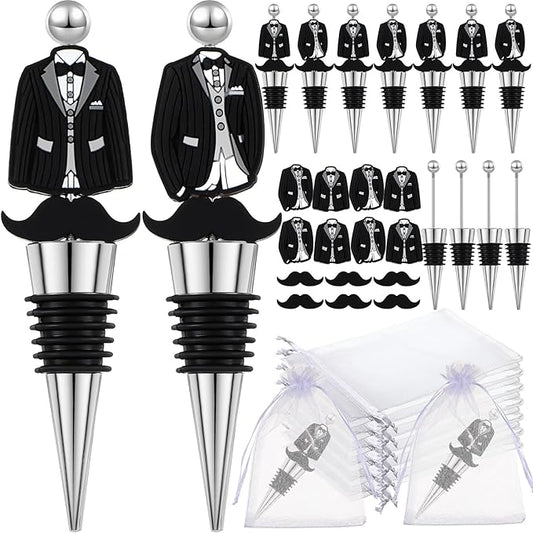 Wedding Beadable Wine Bottle Stopper Bulk Groomsmen Wine Stopper Stainless Steel Beer Corker with Silicone Beard Bead Sheer Bag Wedding Bridal Shower Favor for Guest Engagement Party(20 Set)