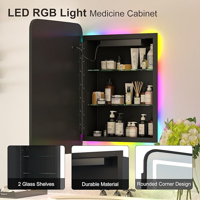 Metal Recessed Medicine Cabinets for Bathroom Medicine Cabinet with Mirror,RGB LED Medicine Cabinet with Lights,Lighted Medicine Cabinets Wall Mounted,Bathroom Mirror with Storage 16 x 24