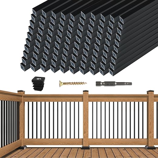 Muzata 100Pack 36" x3/4" Aluminum Deck Balusters Square Baluster Deck Railing Black Hollow Spindles with Screws for Railing Fencing Porch WT13