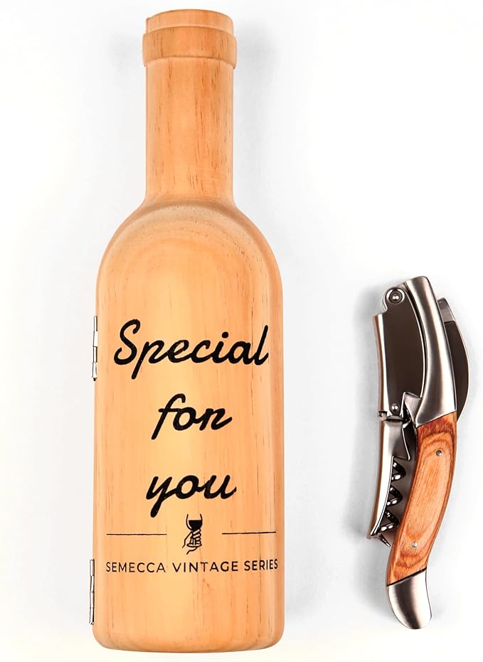 Semecca® Corkscrew Wine Opener, Waiter's Corkscrew, Double Stage, The perfect Wine Opener and Wine key, Wine Bottle Shaped Wooden Box, Gift for Wine Lovers (Naturalwood)