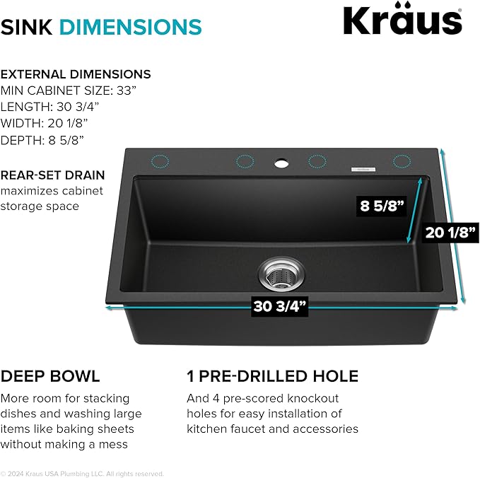 KRAUS Quarza 31-inch Drop-In/Undermount Single Bowl Granite Kitchen Sink in Black Onyx, KGD-412B