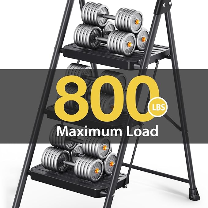 KINGRACK 3 Step Ladder, Sturdy Steel Step Stool with Anti-Slip Wide Pedals, Handrail, Safe-Lock Design, Pass 800lbs Load Testing, Folding Portable Ladder for Multi-Purpose, Home, Kitchen, Black