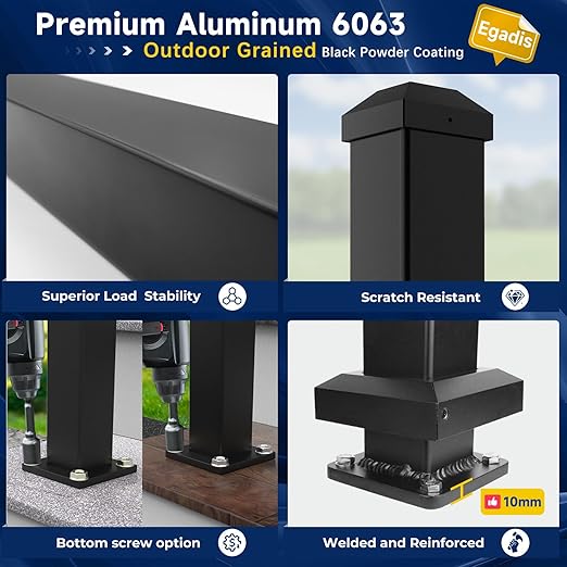 2.56 in. x 2.56 in. x 48.5 in. Porch and Deck Railing Post with Screws&Drill, Aluminum Railing Post, Black Textured Outdoor Powder-Coat Finish Stair Post for Decks, Porches & Balconies (1 Post)