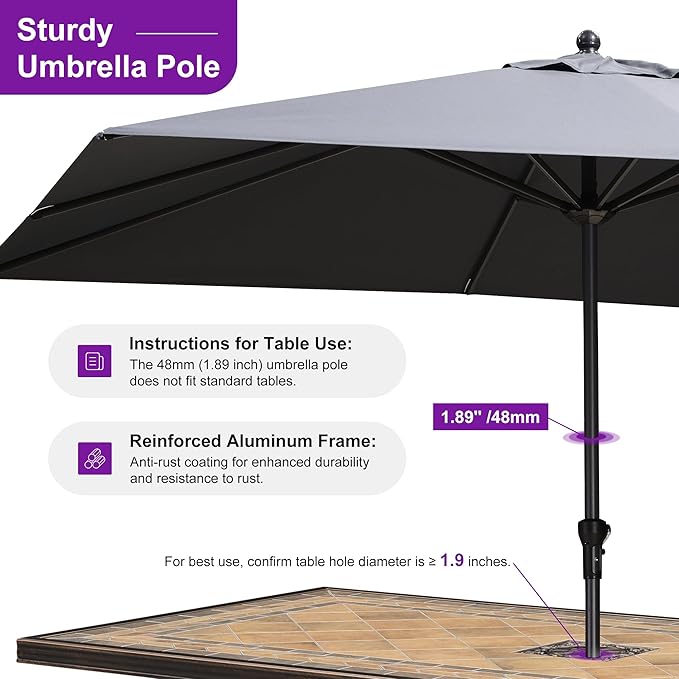PURPLE LEAF 11.5' x 9' Patio Market Umbrella Outdoor Table Sun Umbrellas with Crank 8 Aluminum Sturdy Ribs for Pool Deck Backyard Beach Gray