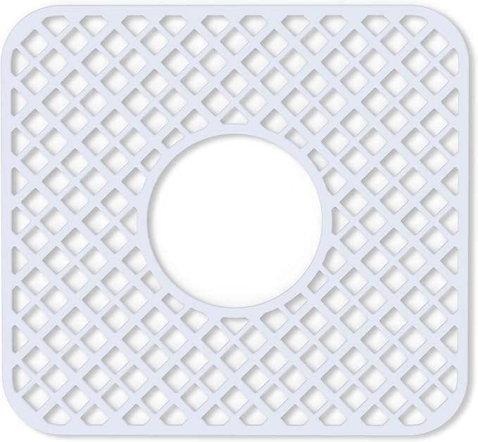 2 Pack Silicone Sink Protector for Kitchen Sink, Lozenge Pattern 12 x 11" Sink Grid Mat Silicone Protectors, Center Drain, White