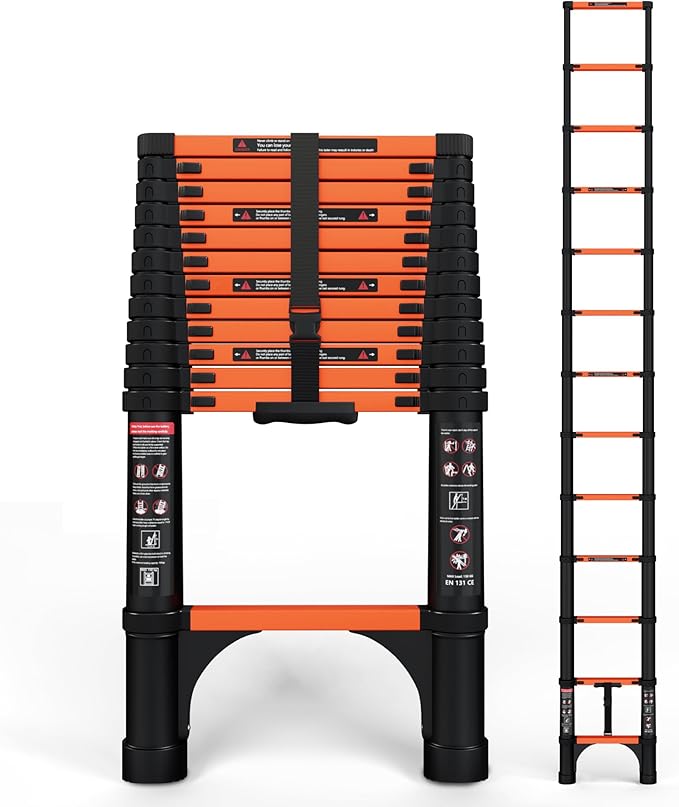 12.5 FT Telescoping Ladder, ANSI Certified, Type I Heavy Duty, 330lbs Max Capacity, Aluminum Extension Ladder for Home, Roof, RV; Orange