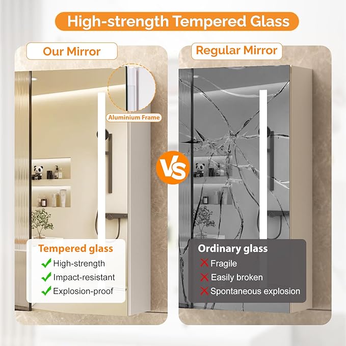 VINGLI 16Inch Medicine Cabinet with Lights, Lighted Medicine Cabinet with Mirror, Led Wall Mirror with Storage for Bathroom,Wall Mounted,3-Color Memory Mode Light，White,5.9" D x 15.75" W x 23.6" H