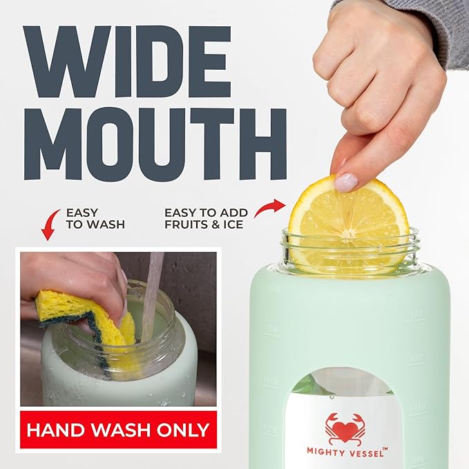 Leakproof 64 oz glass water bottle with Time Markers - Green Large Water Bottle with Measurements - Pregnancy Water Bottle Tracker - Half Gallon Water Bottle with Straw, 2 liter Water Bottle Glass