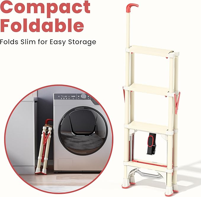 Telescoping 4-Step Ladder, 3.5FT Folding Step Stool with Safety Lock, Wide Non-Slip Pedals & Retractable Handgrip, Heavy Duty 380 lbs for Home & Outdoor