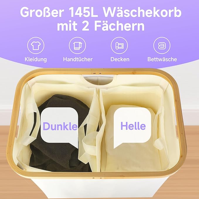 145L Double Laundry Basket with Lid, 2 Section Dirty Clothes Hamper with 2 Removable Bags for Bedroom, Bathroom, Dorm, Beige