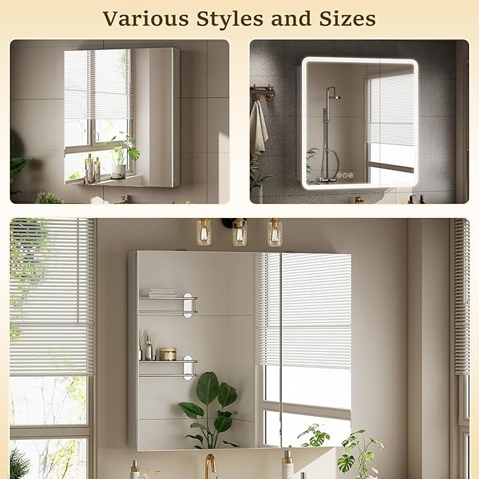 Bathroom Medicine Cabinet with Mirror, 30 Inch x 26 Inch Bathroom Mirror Cabinet with Double Door & Adjustable Shelves, Surface Mount or Recess Installation
