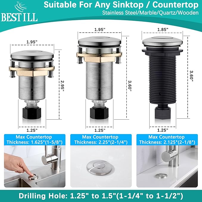 BESTILL Garbage Disposal Air Switch Kit - UL Certified, Brass 2.95" Short Sink Top On/Off Switch Button for Food Waste Disposer, Brushed Nickel, Compatible with all Garbage Disposals