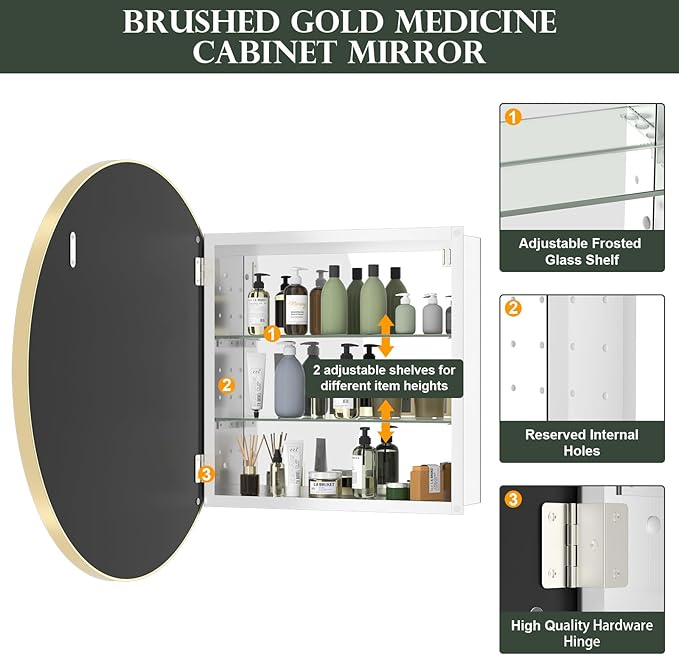 WallBeyond Bathroom Medicine Cabinet with Mirror, 28 Inch Gold Round Mirror Medicine Mabinet Wall Mounted with Aluminum Alloy Metal Framed, Surface Mount Medicine Cabinet with Storage